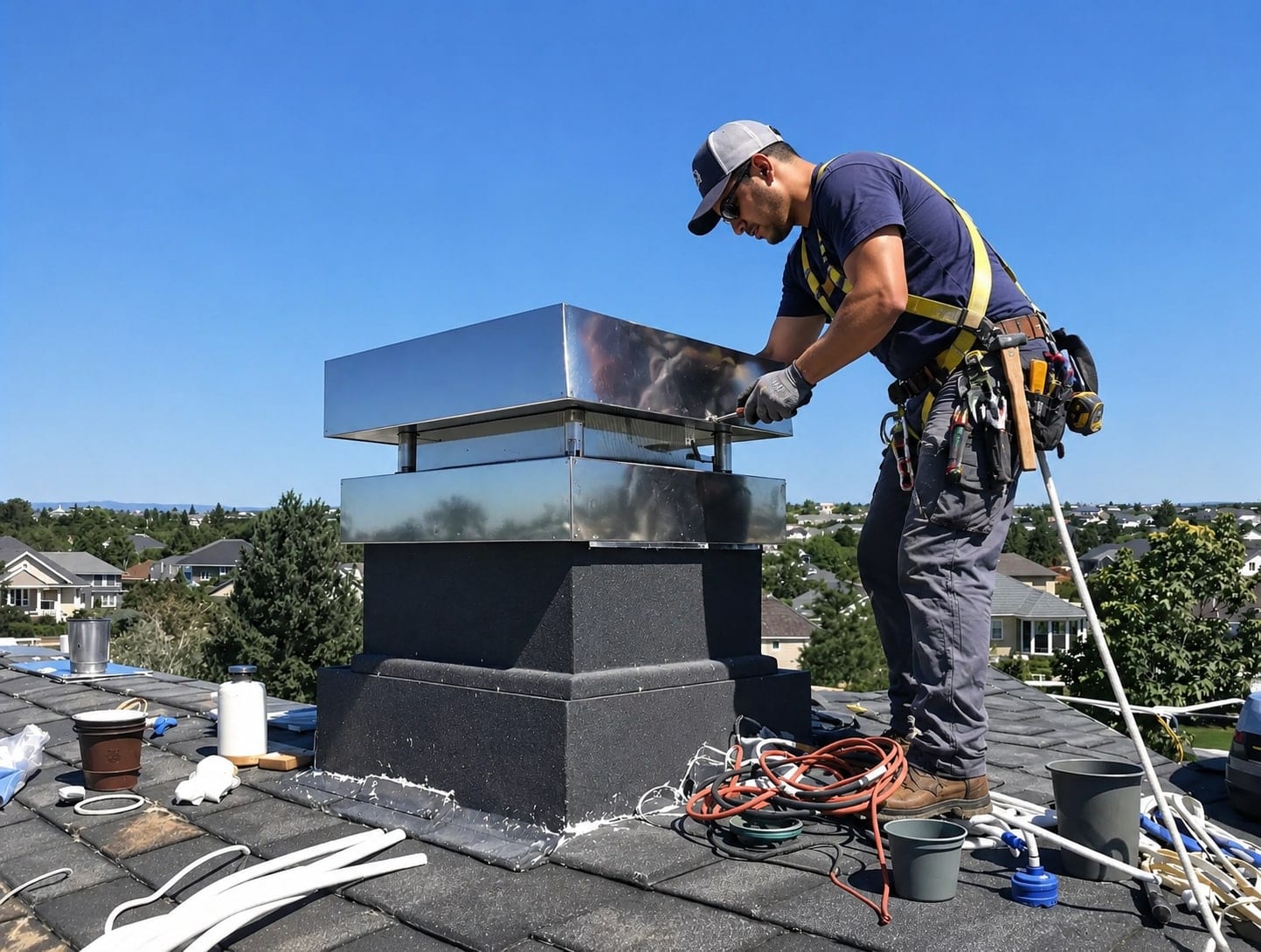 Technician installing a chimney cap